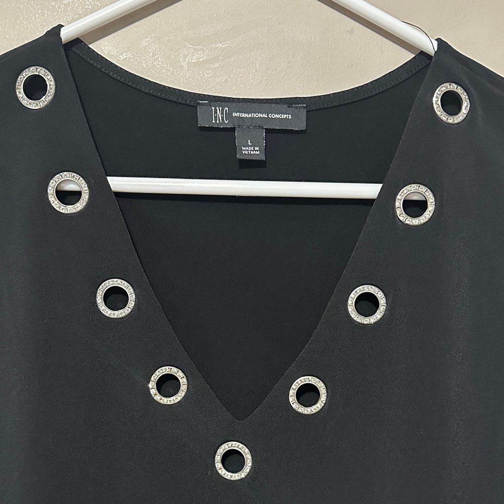 INC International Concepts Black Sleeveless V-Neck Tank with Silver Ring Trim - Picture 2 of 3